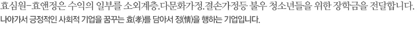 효심원-효앤정은 수익의 일부를 소외계층, 다문화가정, 결손가정등 불우 청소년들을 위한 장학금을 전달합니다. 나아가서 긍정적은 사회적 기업을 꿈꾸는 효를 담아서 정을 행하는 기업입니다.